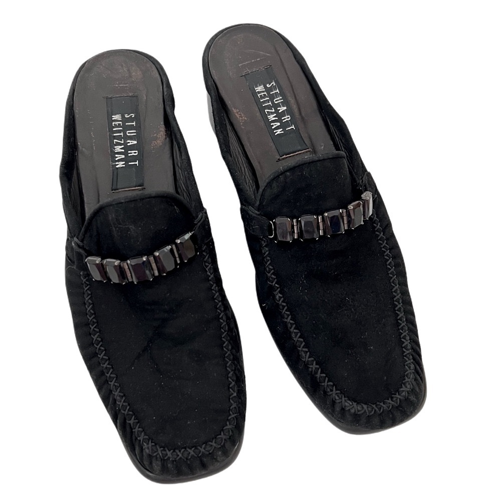 Stuart Weitzman Black Suede Genuine Leather Mules Loafers block heels 8.5 - Picture 3 of 10